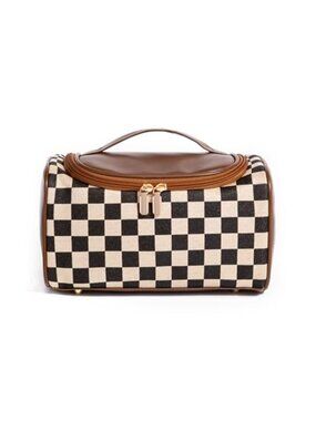 PU Vintage Checkered Makeup Bag U-Shaped Zip Cosmetic Organizer